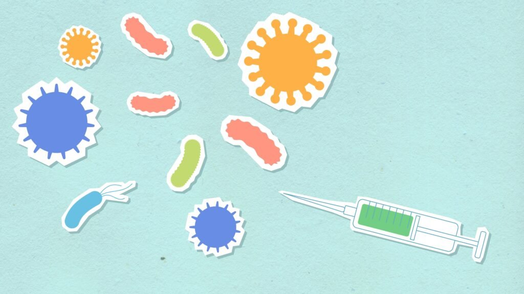 Illustration of viruses and syringe cutouts on blue background, symbolizing healthcare themes.
